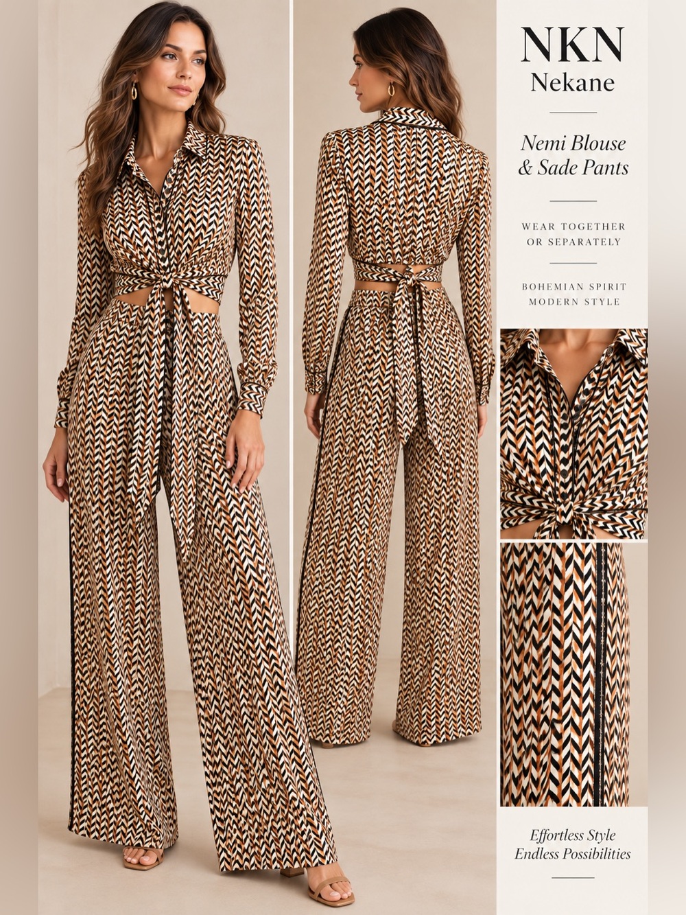 NKN Nekane Nemi Camel Geometric Button Down Wrap Tie Blouse NWT Medium